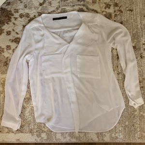 Zara Silky Sheer Raw Hem White Blouse with Pockets